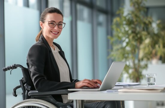 A smart young female worker wearing a black blazer and glasses looks at the camera with a laptop on her desk. Concept of high corporate standards and inclusive hiring.