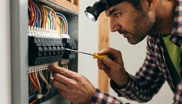 Skilled electrician wiring residential circuit breaker panel with color coded cables, screwdriver, and headlamp, performing safe electrical installation maintenance in modern home utility room