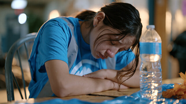 Volunteer at the end of a long shift sits alone on a metal chair in a back hallway of a shelter, head resting on folded arms on a table, a half-empty water bottle beside her, the emotional weight of