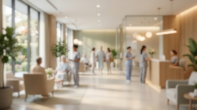 Blurred hospital lobby reception area medical clinic interior healthcare facility waiting room blurred background nursing staff patients modern wellness
