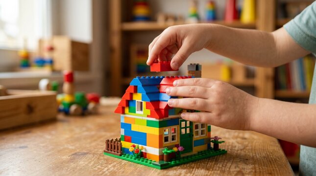 Child Building Colorful Toy Block House on Wooden Table for Creative Educational Play