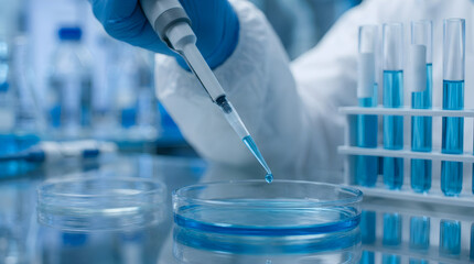 Fototapeta premium Droplet Dispensed into Laboratory Dish During Scientific Research