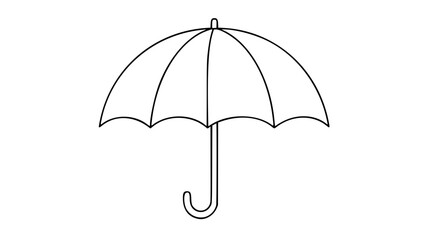 This clean black and white line art vector icon presents an open umbrella with curved handle, perfect for forecasts, travel packing lists, or rainy day labels. © Mdatikul