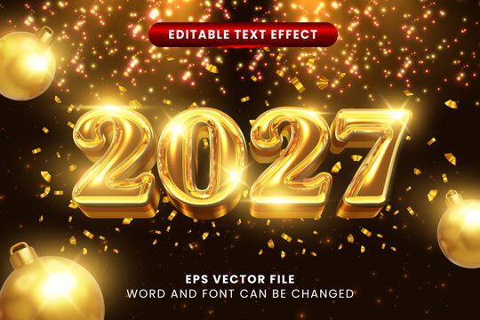 New year 2027 3d inflated balloon golden text style. Happy new year editable vector text effect