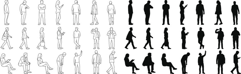 Vector set of casual people silhouettes and architectural line drawings for rendering and visualization © Rezoara