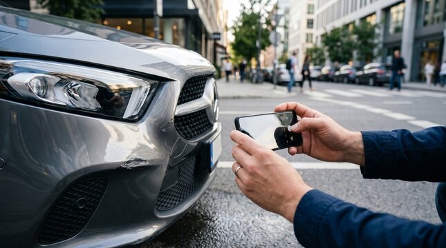 Person using a smartphone to take a photo of a modern silver car parked on a city street