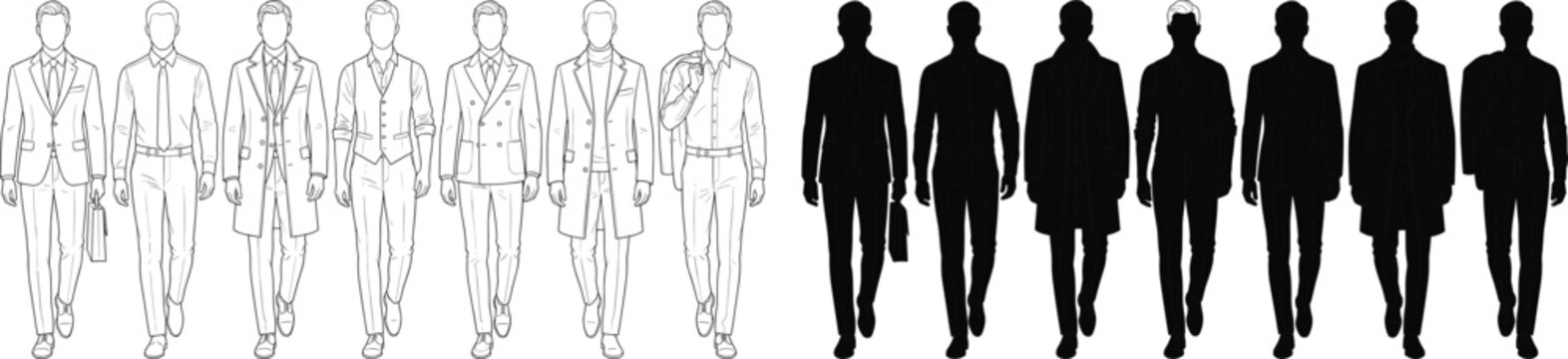 Vector set of businessman silhouettes and fashion sketches in formal suits for architectural rendering