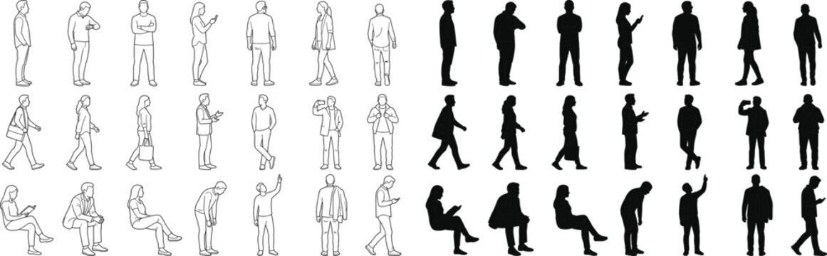 Vector set of casual people silhouettes and architectural line drawings for rendering and visualization