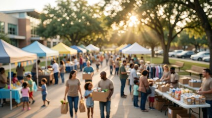 Obraz premium Community food drive charity event outdoor volunteer distribution market blurred background social support donations