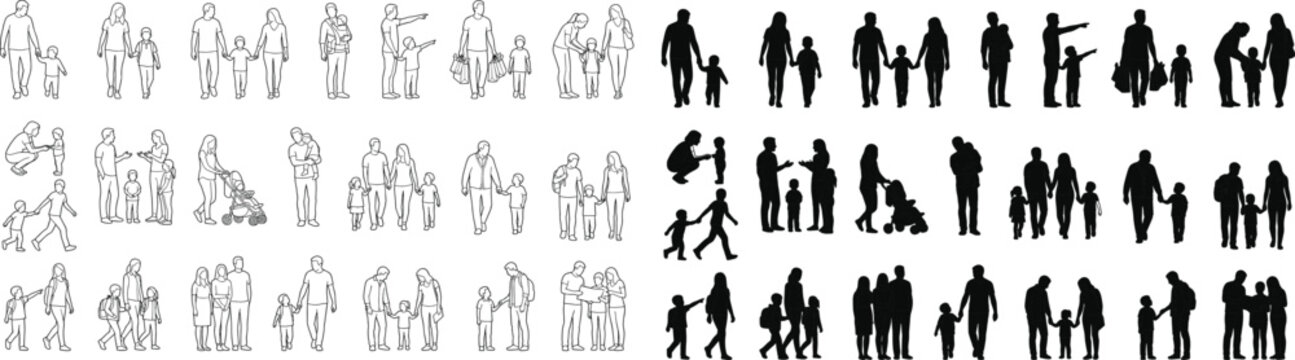 Vector set of family architectural silhouettes and line drawings for rendering and visualization