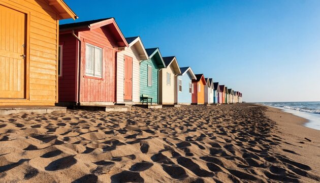 Sunlit line of pastel beach huts receding along rippled sand beside gentle surf, vivid wooden cabins, blue sky, warm seaside light, and inviting summer holiday atmosphere on the coast