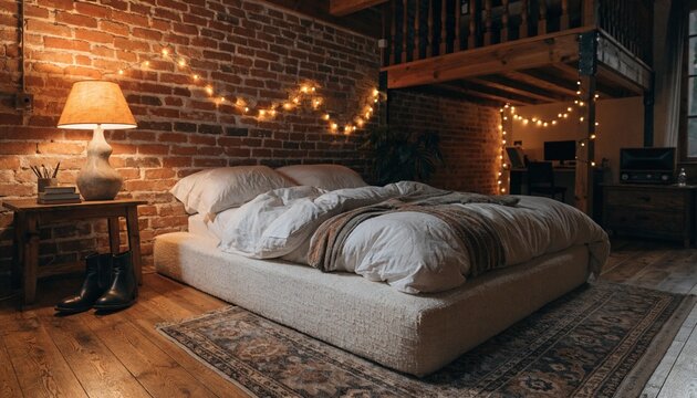Cozy industrial loft bedroom with exposed brick, low platform bed, vintage rug, warm bedside lamp and glowing string lights creating intimate urban retreat ambiance for stylish apartment living decor