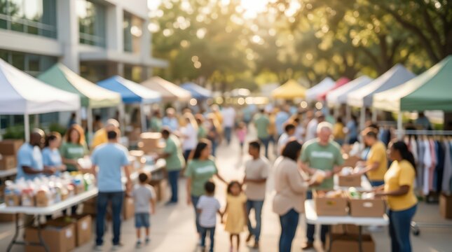 blurred community event outdoor charity market food drive volunteer work neighborhood gathering social service help kindness people donation drive
