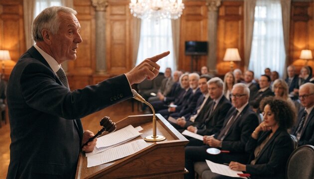 Experienced auctioneer pointing from wooden podium to bidders in elegant sale room, gavel in hand, attentive audience, warm chandelier light, high stakes fine art auction business event