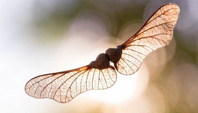 Translucent maple samara seed pod floating in warm backlight, extreme macro revealing veined wings, delicate texture and golden autumn bokeh for botanical nature and seasonal design
