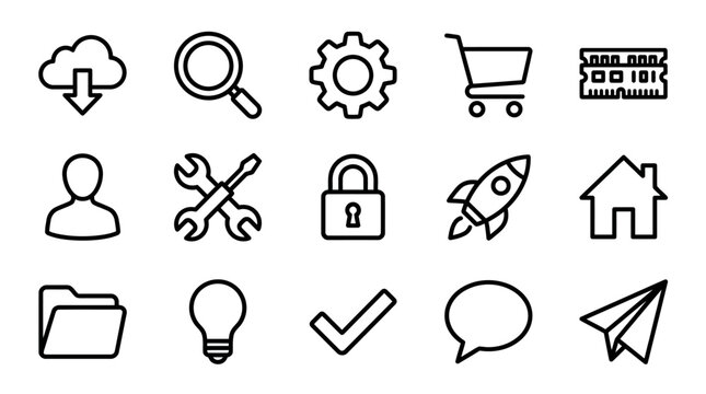 Clean Minimalist Black and White Line Icons Set for Web Design Marketing and SEO Content with high quality professional line art symbols for modern creative design and digital branding projects