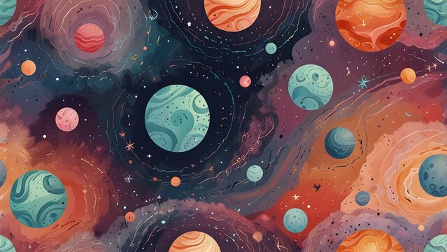 Whimsical watercolor planets and abstract celestial bodies in a colorful cosmic galaxy pattern, outer space illustration