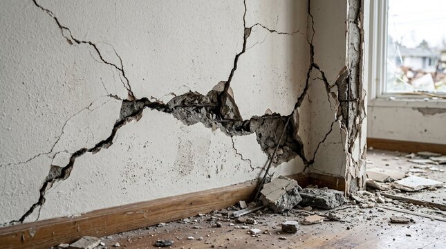 Damaged wall with severe cracks and debris, a consequence of an earthquake or structural failure