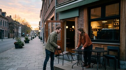 Fototapeta premium Two cafe workers arrange outdoor tables and chairs outside a brick storefront at sunset, suited for hospitality, small business, or urban lifestyle promotions.