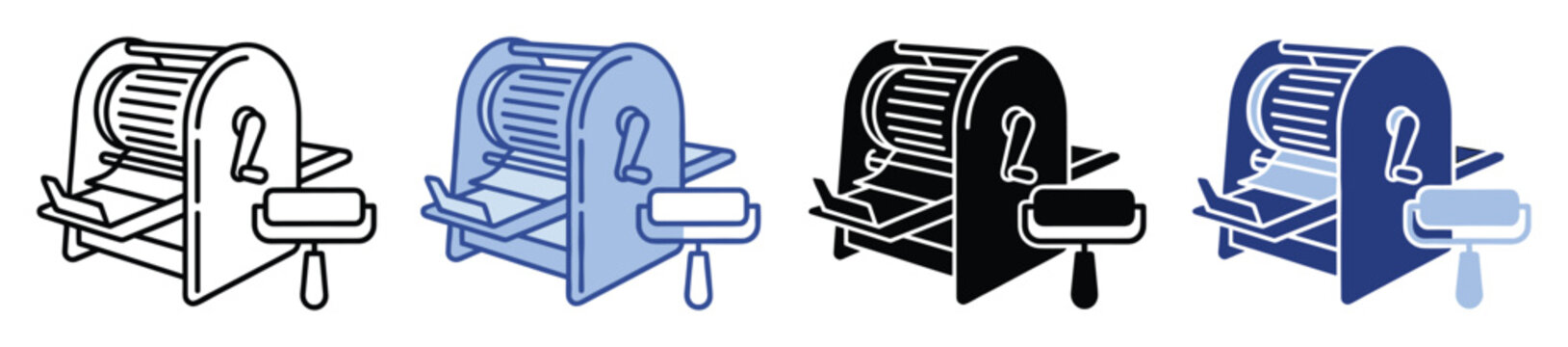 Set of vintage mimeograph machines and ink rollers offering essential graphic assets for business, education, and historical content