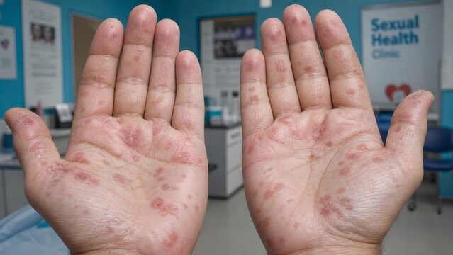 Secondary syphilis symptoms showing papulosquamous rash on human palms, red-brown papules and scales on skin, medical dermatology study for diagnosis and clinical skin disease