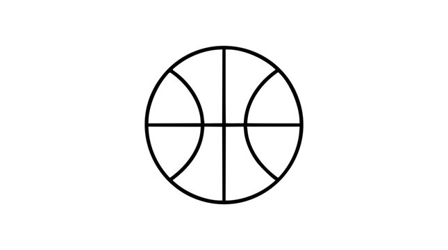 Clean black and white line art vector icon of a basketball with bold seams, useful for tournament posters, fan merch, schedules, and score graphics.