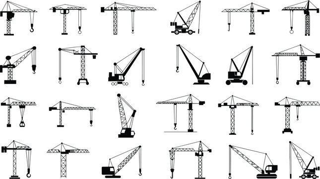 Collection of construction crane silhouettes isolated on white background representing tower cranes mobile cranes heavy equipment industrial lifting machinery set