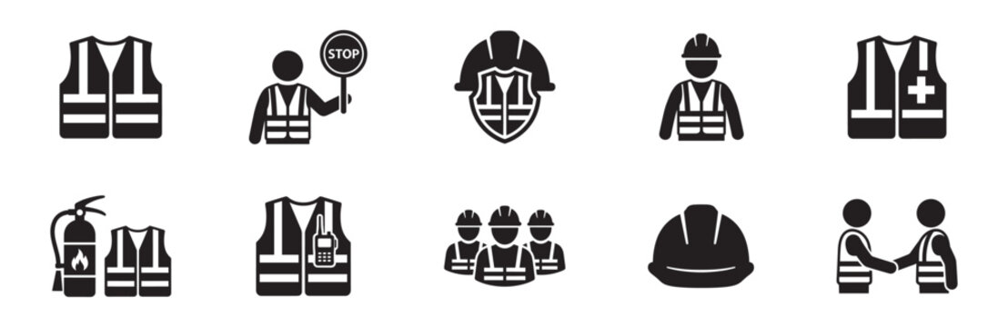 Construction safety and equipment icon set. Vests, hard hats, shield emblem, worker with stop sign, first aid, crew, and handshake. Vector illustration.