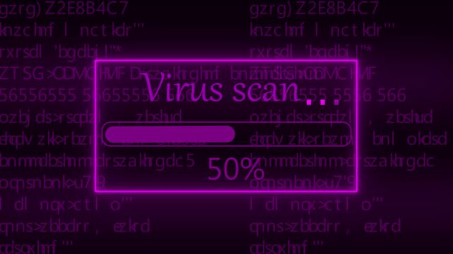 Virus scan status progress bar overlaying blue computer source code on a dark background showing thirty one percent completion status