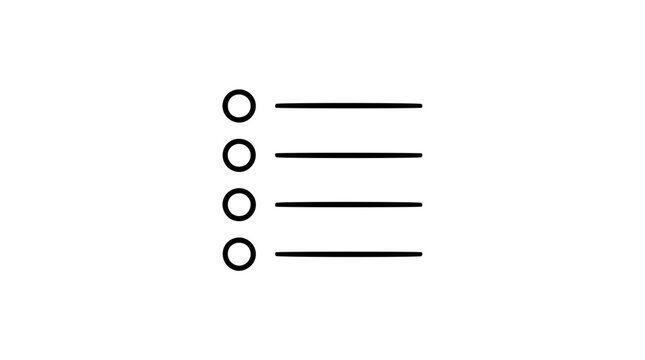 Clean black and white line art vector icon depicting a bulleted list, useful for navigation menus, form layouts, instructions, and lesson materials.
