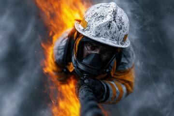 Obraz premium Firefighter climbs rope to rescue person from flames and smoke at a fire scene in a city during daytime