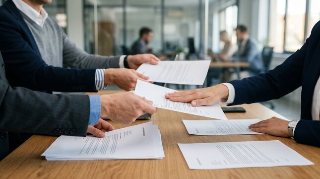 Business partners hands exchanging and signing contract documents on wooden table in office meeting