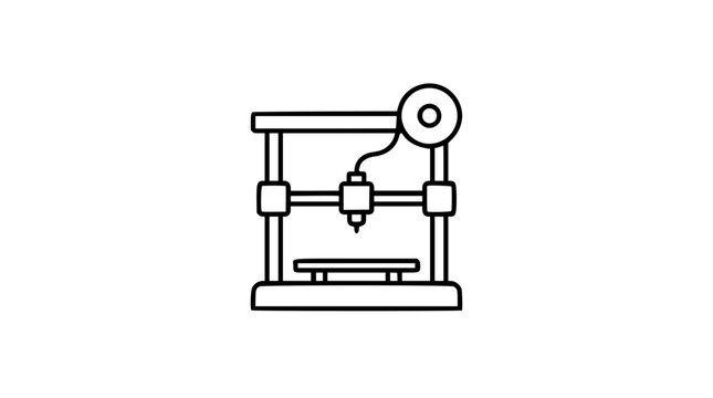 Vector illustration of a compact 3D printer with overhead filament spool, featuring a sleek hand-drawn minimalist outline. Scalable line icon perfect for technology and engineering visuals.