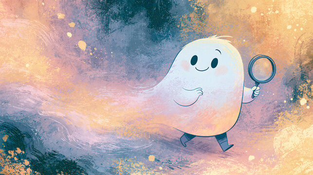 Cute cartoon ghost exploring a colorful background with a magnifying glass