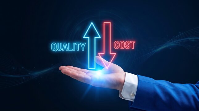 Business concept of increasing quality and decreasing cost, represented by a businessman holding glowing neon arrows in his palm