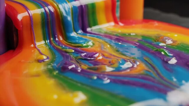 Close-up of vibrant multicolored melted candle wax flowing in rainbow stripes over a dark grey slate surface. Abstract liquid paraffin texture with red, yellow, green, and blue hues.