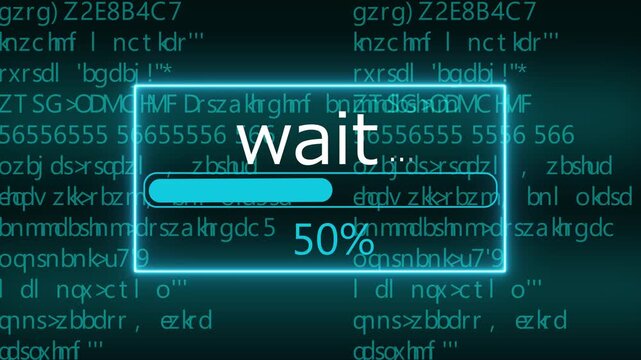 wait status bar with thirty one percent loading progress displayed over scrolling computer code on a dark