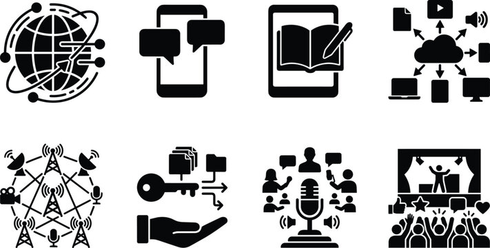 Digital Content Creation Mass Media Broadcasting and Global Communications Technology Black Silhouette Icon Set