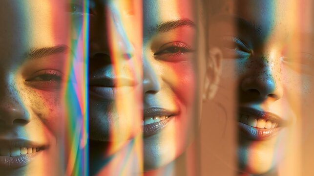 Artistic Portrait of a Smiling Young Woman with Rainbow Prism Light Refraction