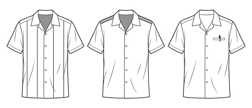 Men's bowling shirt and retro cuban collar resort top flat sketch illustration, vintage aloha fashion illustration template mock up on transparent background