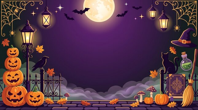 Halloween witch workshop background frame with spooky jack o lanterns black cat and full moon vector