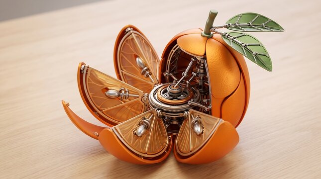 Mechanical orange fruit model featuring intricate internal clockwork gears and complex metallic structural leaf components