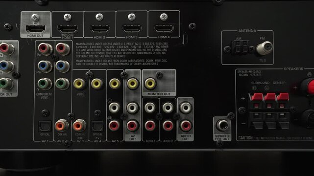 Detailed view of an AV receiver rear interface with HDMI AV video ports, legacy inputs, and o 3 jacks for wiring tutorials.