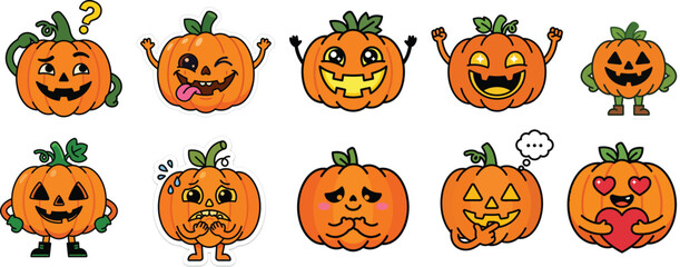 Fototapeta premium Cute Halloween Pumpkins with Smiling Faces in a Vector Illustration