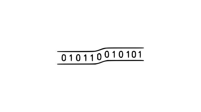 A clean black and white line art vector icon featuring a binary data stream with radiating digital pulses, ideal for data science, IT infrastructure, or software development visuals.