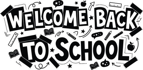 Obraz premium Welcome Back To School hand drawn lettering with educational doodles on white background