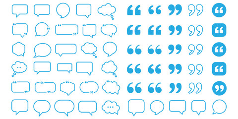 Quote mark icons set vector illustration, black quotation marks collection, punctuation symbols, typographic design elements. Speech bubble outline collection featuring chat boxes, thought clouds © icon studio 333