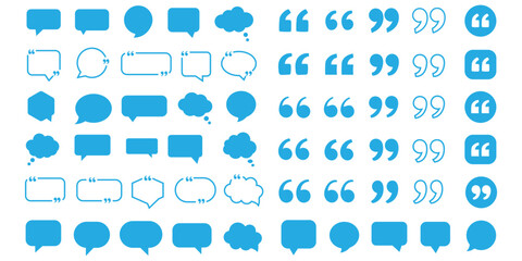 Fototapeta premium Blank comic speech bubble line icon set with chat box thought cloud and quote sign. Text quote frame vector template, collection of speech bubble and quotation box shapes, geometric message frames