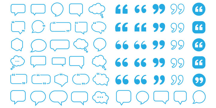 Quote mark icons set vector illustration, black quotation marks collection, punctuation symbols, typographic design elements. Speech bubble outline collection featuring chat boxes, thought clouds