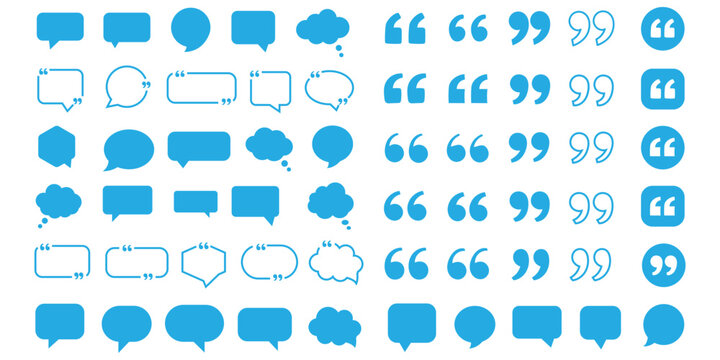 Blank comic speech bubble line icon set with chat box thought cloud and quote sign. Text quote frame vector template, collection of speech bubble and quotation box shapes, geometric message frames